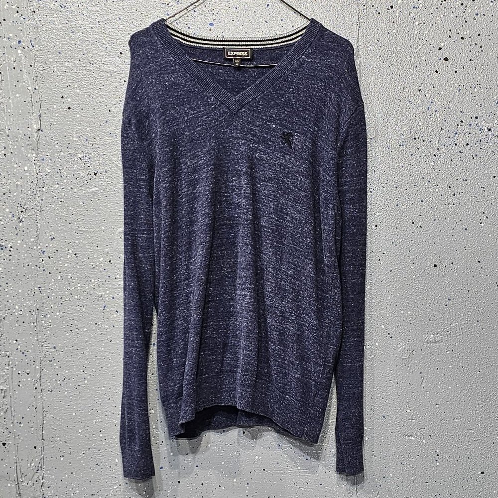 Express Mens Blue 100% Cotton Long Sleeve Thick V Neck Sweater Large L